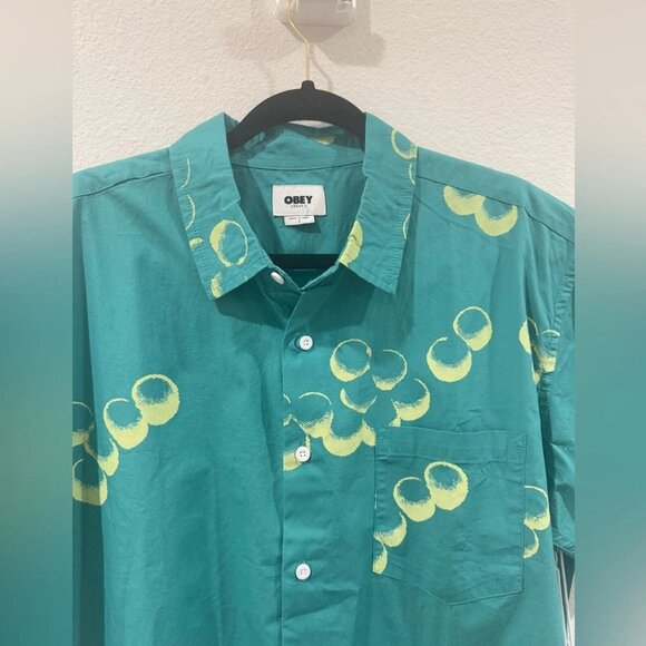 Obey 100% Organic Cotton Bubble Mens Turquoise Teal Blue Button Up Shirt L - Picture 4 of 11